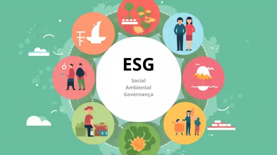 imagem desenhada de um círculo branco escrito ESG no centro e as figuras de pessoas e árvores em volta