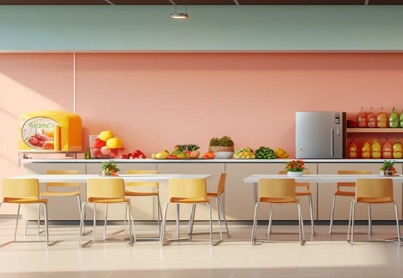 foto de um refeitório colorido e bem iluminado representando o tema alimentação corporativa de forma atrativa