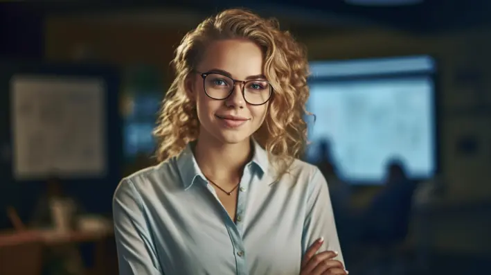 Foto de uma jovem empreendedora nos seus vinte anos com cabelos loiros e óculos. Atrás dela se encontra um escritório com uma lousa branca com cálculos fazendo referência à como contabilizar a dedução PAT