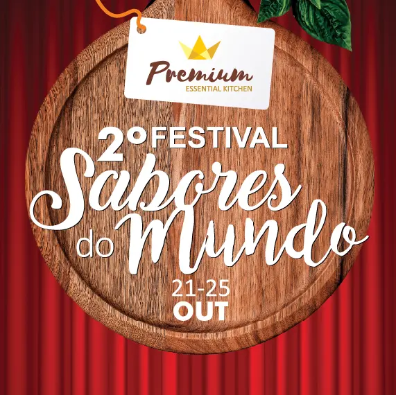 Cartaz do segundo festival gastronòmico Sabores do Mundo Se trata de uma tábua de servir pizza com o título do evento em letras manuscritas