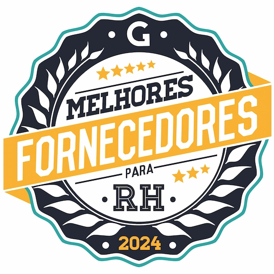 Logotipo do prêmio Melhores Fornecedores para RH, edição 2024, promovida pelo Grupo Gestão RH. Se trata de uma coroa azul com silhueta de folhas brancas e uma faixa amarela na diagonal escrito em letras garrafais: FORNECEDORES. acima da faixa amarela, com fundo branco, é possível ler "melhores" e abaixo da faixa amarela é possível ler "para RH"